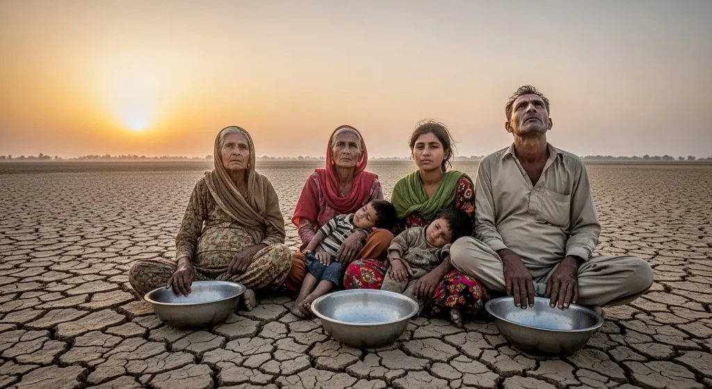 Pakistan food crisis 2025 showing hunger, drought, and poverty across rural areas غذائی قلت اور قحط کی صورتحال، پاکستان میں بڑھتی بھوک اور خشک سالی کی علامتی تصویر
