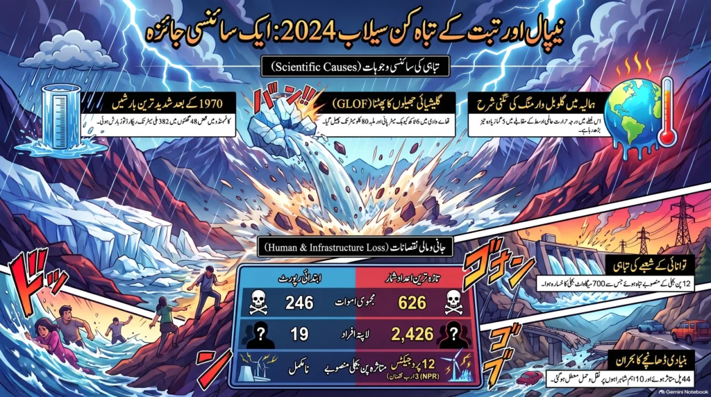 نیپال اور تبت میں سیلاب: سائنسی وجوہات، قبل از وقت پیشگوئی اور تباہی کا جامع تحقیقی جائزہ